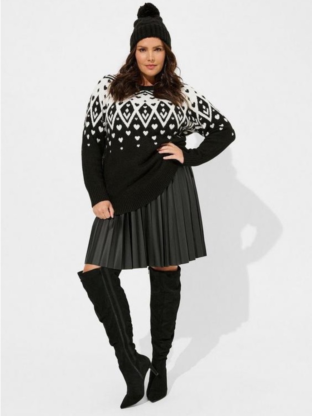 Torrid Vegan Cashmere Fairisle Pullover Sweater Black & White Heart Knit‎ 1X